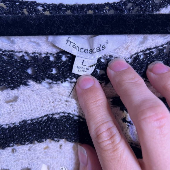Francesca's Black Cream Striped Open Knit Sweater Women's Large Coastal - Picture 4 of 5